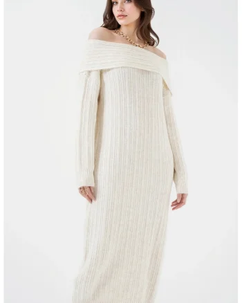 Rochie midi tricotata supradimensionata  guler Madonna, amestec acrilic, poliester si lana, Fildes Natural,