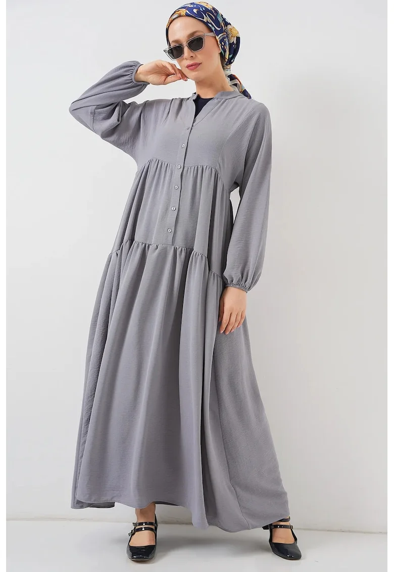 Rochie maxi dama, HiCCUP, elastan/poliester, decolteu in V, inchidere cu nasturi, gri