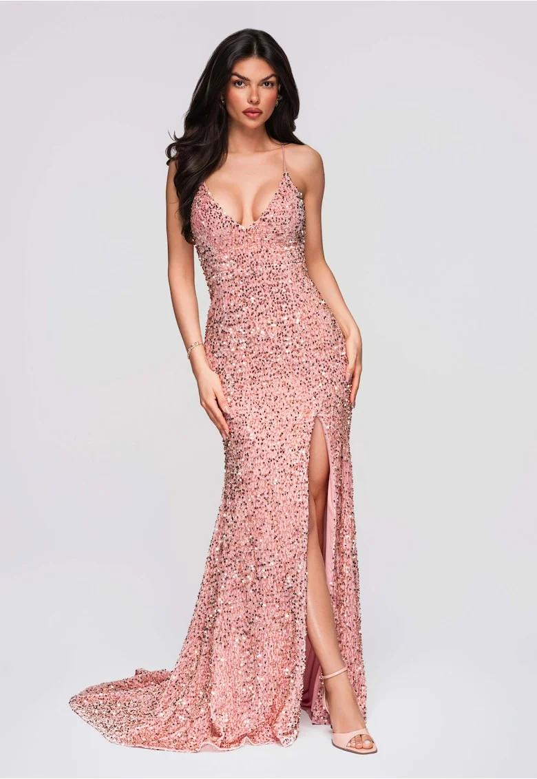 Rochie de seara maxi extra lunga  LA-OM-DLR282, Roz