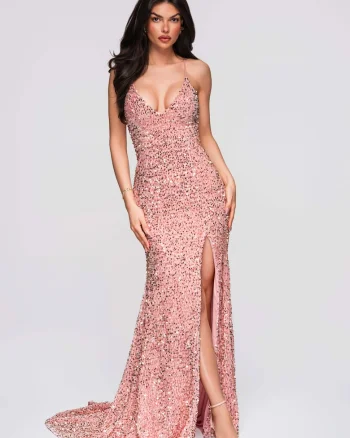 Rochie de seara maxi extra lunga  LA-OM-DLR282, Roz