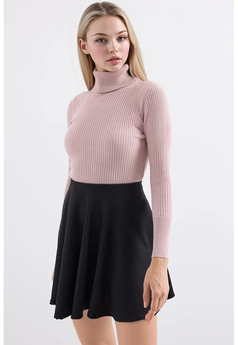 Pulover dama BigDart, texturat, guler inalt, tricot, Roz, Roz aprins