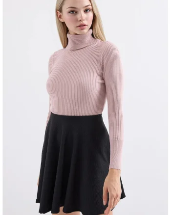 Pulover dama BigDart, texturat, guler inalt, tricot, Roz, Roz aprins