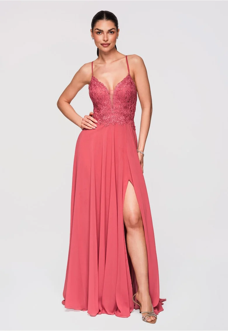 Rochie Maxi de Seara Violeta cu Dantela si Spate Decupat, Coral