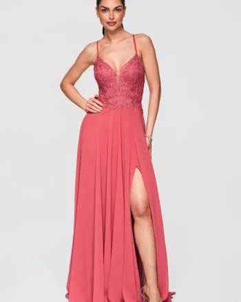 Rochie Maxi de Seara Violeta cu Dantela si Spate Decupat, Coral
