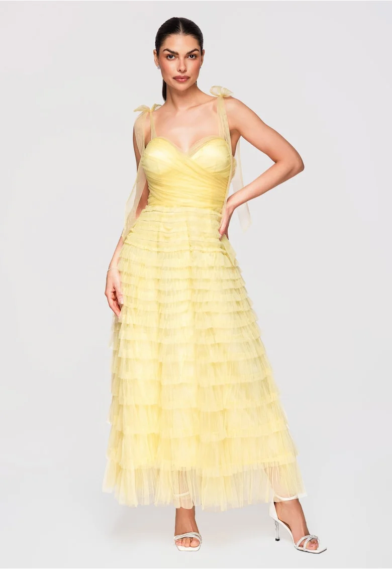 Rochie Maxi Eleganta, cu Tul, Croi Amplu si Detalii Corset, Galben