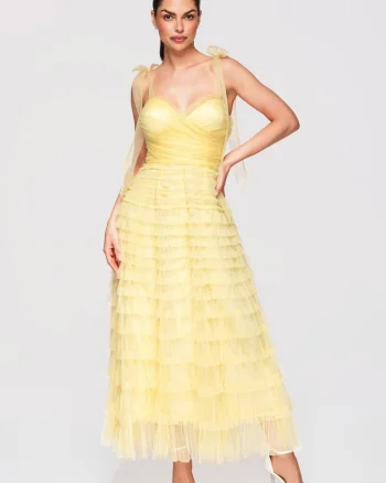 Rochie Maxi Eleganta, cu Tul, Croi Amplu si Detalii Corset, Galben
