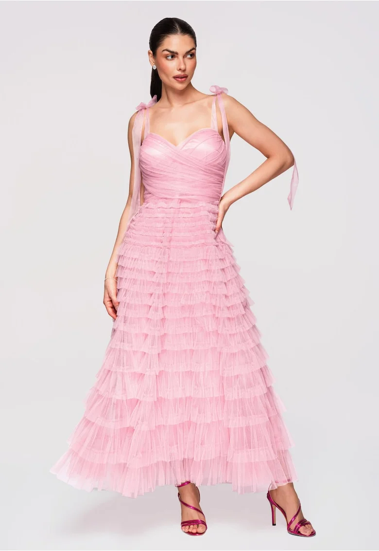 Rochie Maxi Eleganta, cu Tul, Croi Amplu si Detalii Corset, Auriu rose