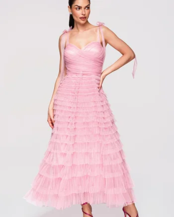 Rochie Maxi Eleganta, cu Tul, Croi Amplu si Detalii Corset, Auriu rose