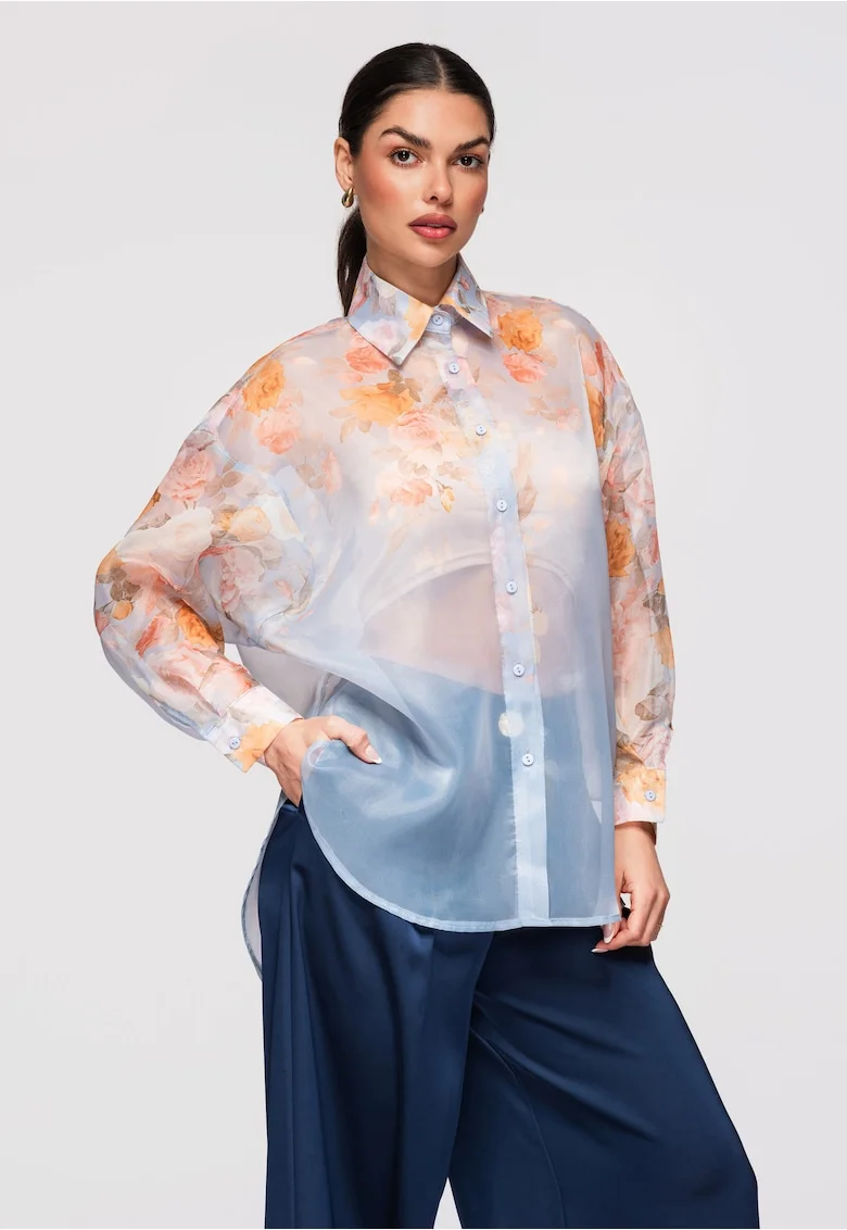 Camasa semitransparenta model floral  OW-SH-E0028, Albastru