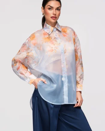 Camasa semitransparenta model floral  OW-SH-E0028, Albastru