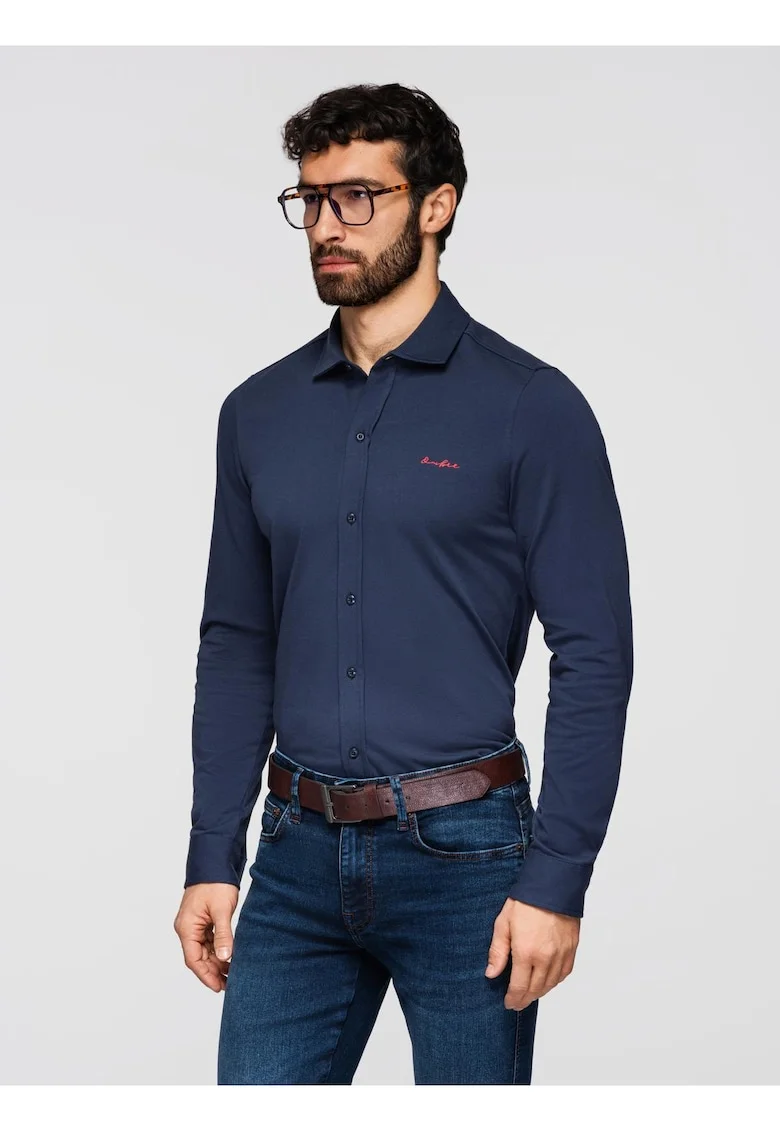 Camasa din bumbac REGULAR cu broderie contrastanta  K697, Albastru inchis