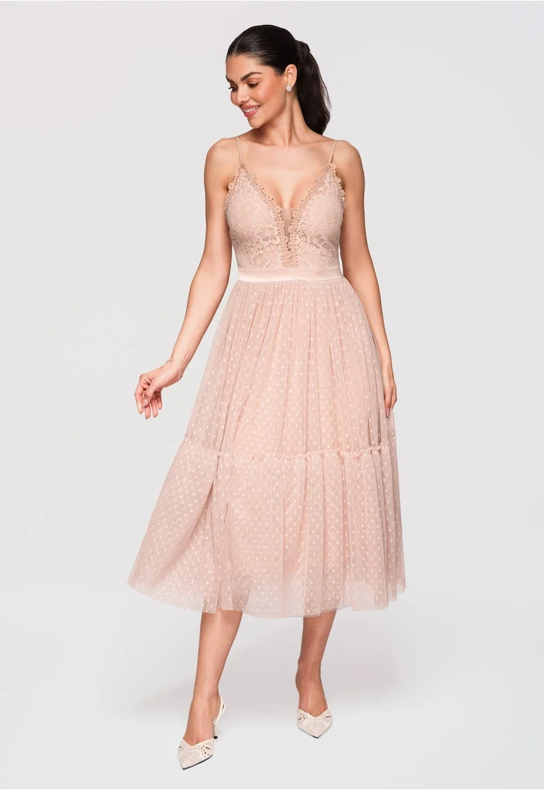 LARICA Rochie midi evazata cu dantela si tul, ideala pentru ocazii speciale, Bej