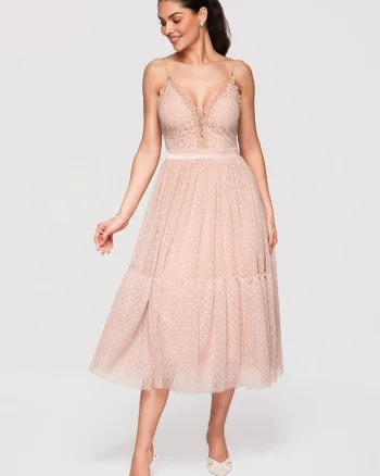 LARICA Rochie midi evazata cu dantela si tul, ideala pentru ocazii speciale, Bej