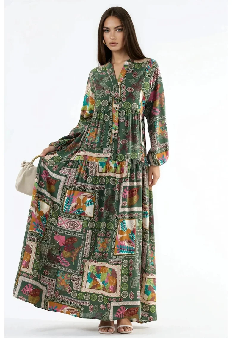 Rochie Maxi,  decolteu in V, maneci lungi, multicolor, viscoza