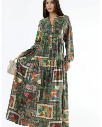 Rochie Maxi,  decolteu in V, maneci lungi, multicolor, viscoza