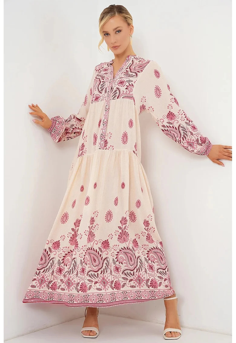 Rochie Maxi  cu decolteu in V, imprimeu, roz/bej, viscoza, maneca lunga, captusita
