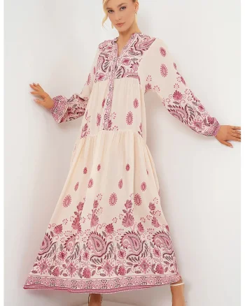 Rochie Maxi  cu decolteu in V, imprimeu, roz/bej, viscoza, maneca lunga, captusita