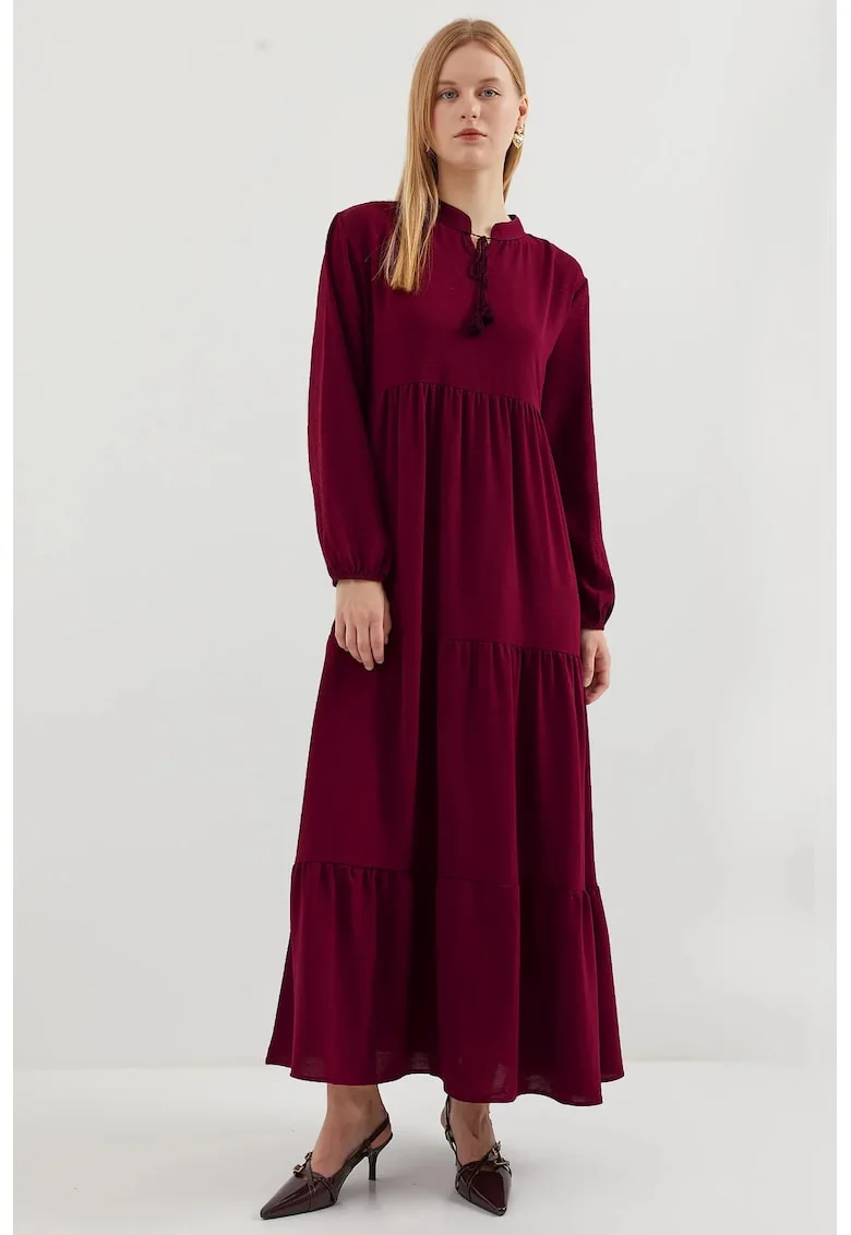 Rochie Maxi  detaliu funda, rosu, poliester-elastan, maneci lungi, croiala lejera