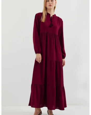 Rochie Maxi  detaliu funda, rosu, poliester-elastan, maneci lungi, croiala lejera