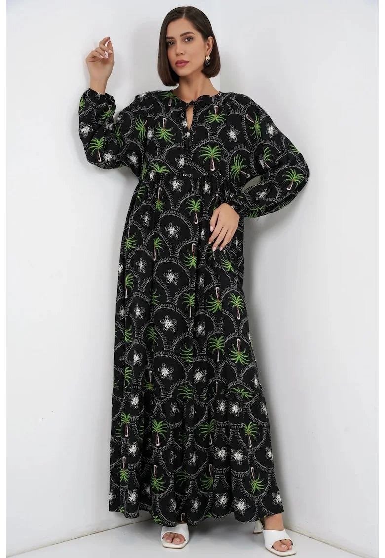 Rochie maxi,  imprimeu tropical, maneci lungi, multicolor, viscoza