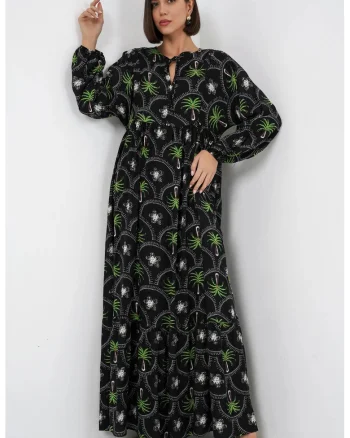 Rochie maxi,  imprimeu tropical, maneci lungi, multicolor, viscoza