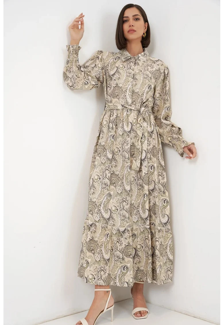 Rochie tip camasa Maxi  cu imprimeu, maneci lungi, bej natural, viscoza/nylon