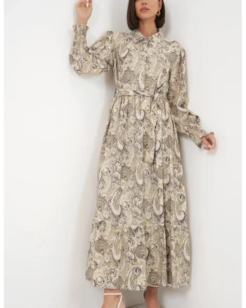 Rochie tip camasa Maxi  cu imprimeu, maneci lungi, bej natural, viscoza/nylon