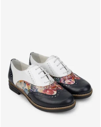 Pantofi dama albi cu bleumarin din piele cu detalii florale