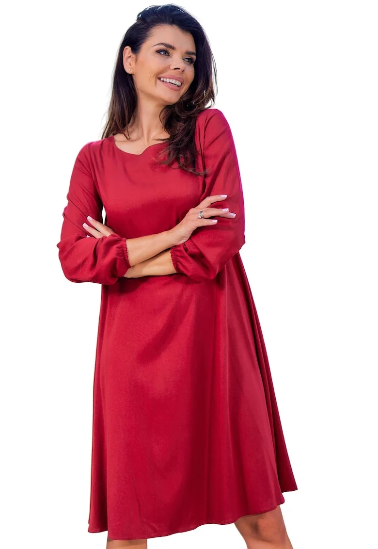 Rochie trapez din viscoza cu maneci lungi,, Rosu