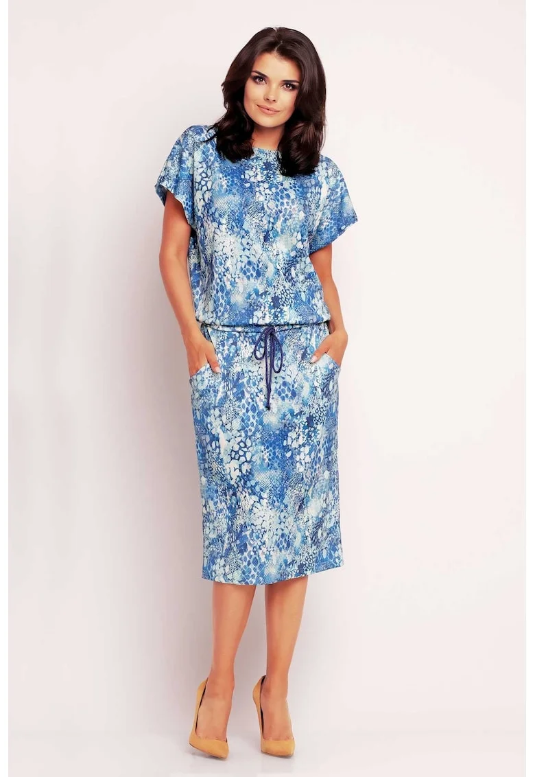 Rochie midi din tricot cu maneci scurte tip chimono si decolteu barca,, Albastru