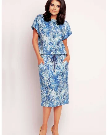 Rochie midi din tricot cu maneci scurte tip chimono si decolteu barca,, Albastru