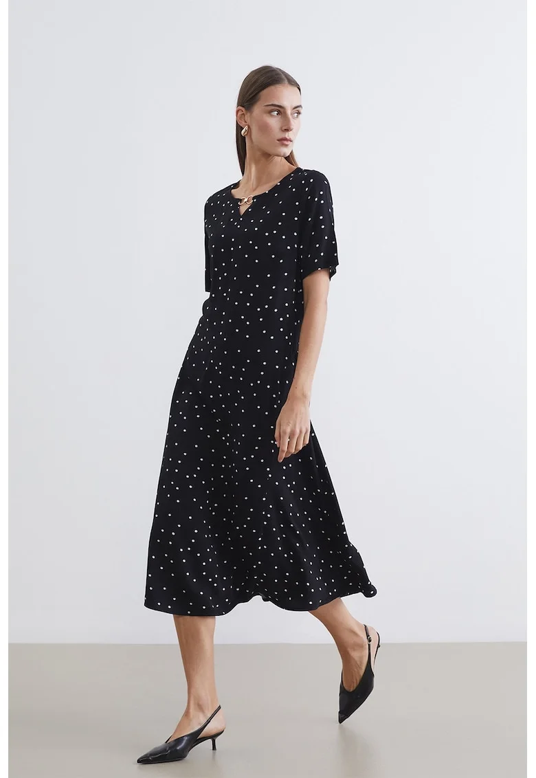 Rochie cu decolteu in V si buline, Alb/Negru