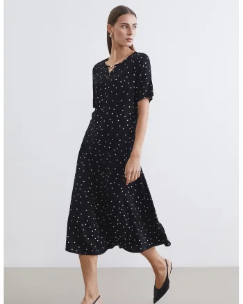 Rochie cu decolteu in V si buline, Alb/Negru