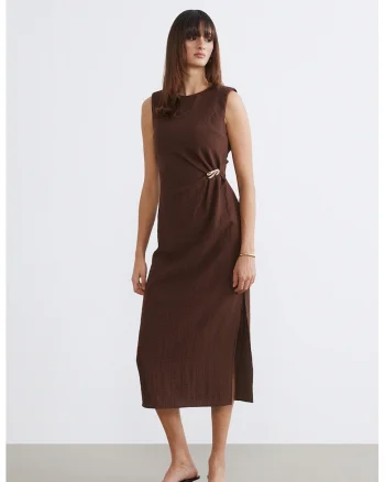 Rochie midi cu slit lateral, Maro pamantiu