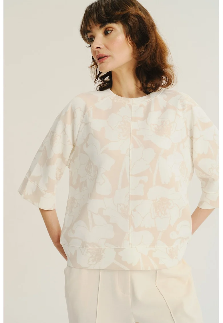 Bluza lejera cu model floral si maneci medii, Alb/Bej