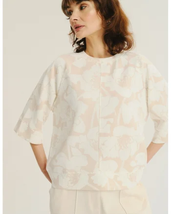 Bluza lejera cu model floral si maneci medii, Alb/Bej