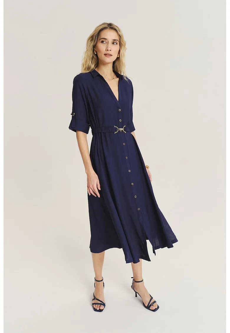 Rochie midi cu buzunare si maneci ajustabile, Bleumarin