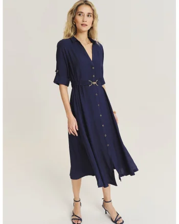 Rochie midi cu buzunare si maneci ajustabile, Bleumarin
