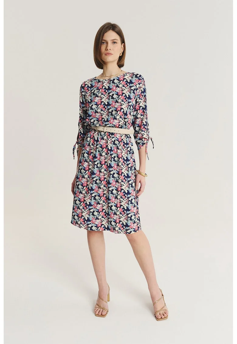 Rochie cu model si maneci 3/4, Alb/Roz/Bleumarin