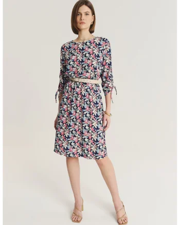 Rochie cu model si maneci 3/4, Alb/Roz/Bleumarin