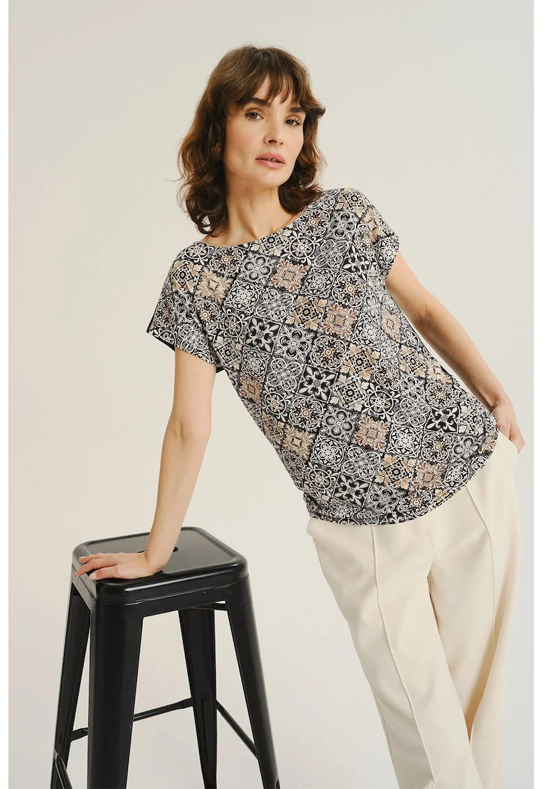 Bluza vaporoasa cu imprimeu, Alb/Negru/Bej