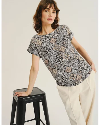 Bluza vaporoasa cu imprimeu, Alb/Negru/Bej