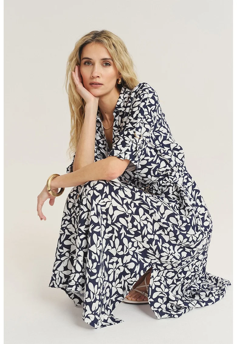 Rochie midi cu buzunare si maneci ajustabile, Alb/Bleumarin