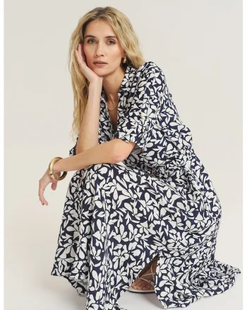 Rochie midi cu buzunare si maneci ajustabile, Alb/Bleumarin