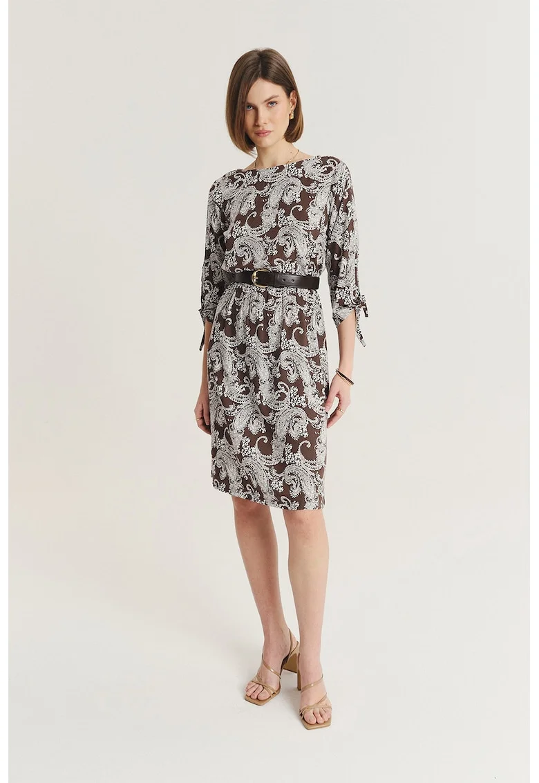 Rochie cu model si maneci 3/4, Alb/Maro