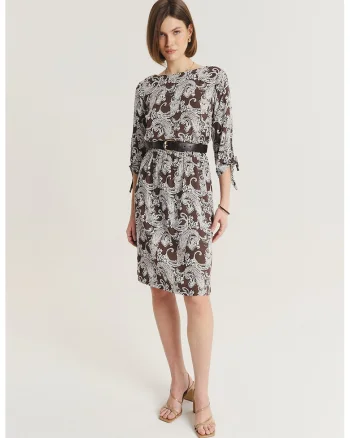 Rochie cu model si maneci 3/4, Alb/Maro