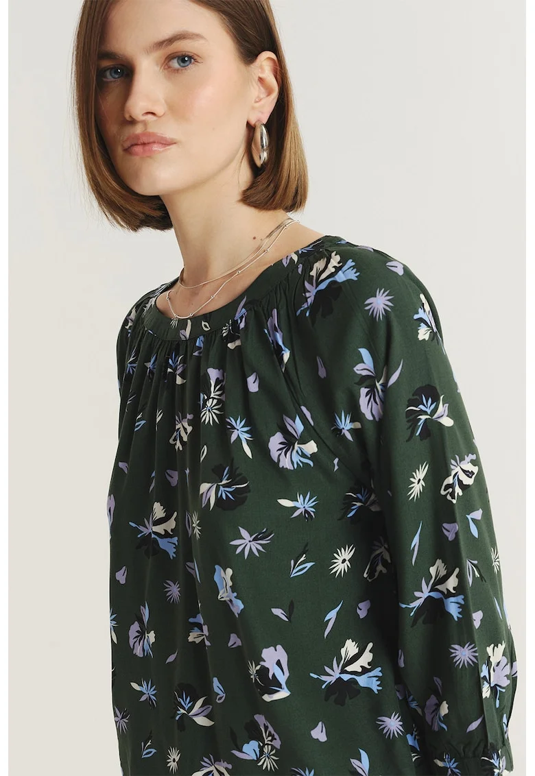 Bluza cu model si maneci trei sferturi, Verde padure/Lila