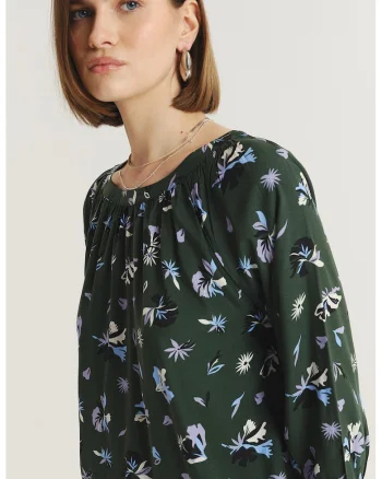 Bluza cu model si maneci trei sferturi, Verde padure/Lila