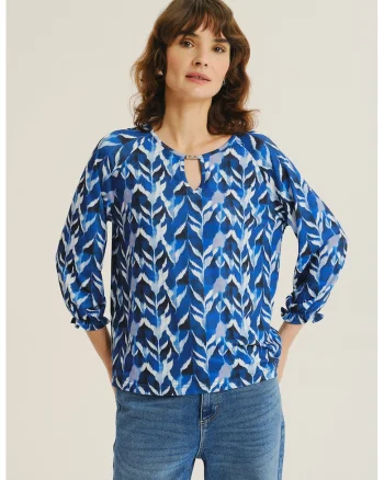 Bluza vaporoasa cu model, Alb/Bleumarin
