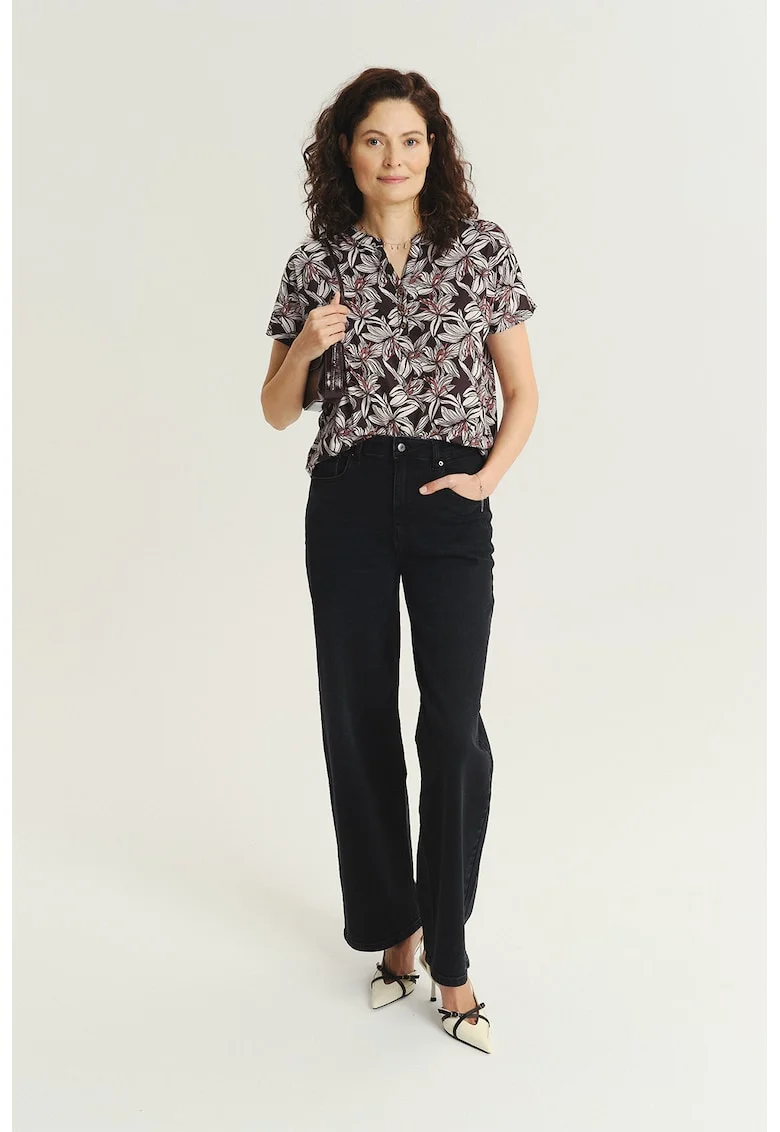 Bluza cu model si fenta cu nasturi, Alb/Maro